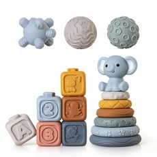 臺灣出貨 嬰幼兒手抓球玩具 軟膠方塊積木疊疊圈 捏捏手感球 堆疊玩具, 大象方塊疊疊樂形狀球套裝(16PCS)盒, 1個