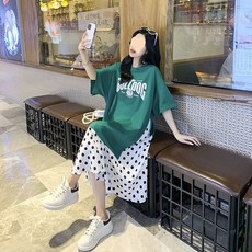 Yellwel 빅사이즈 여름 루즈핏 반팔 티셔츠 슬림한 디자인 투피스 여성용 원피스 DJP