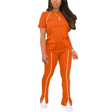 STOLKISS 여성용 투피스 의상 여름 운동 스웨트수트 스트라이프 반소매 롱 플레어 팬츠 캐주얼 휴가 트랙수트 692 블랙 라지, 주황색