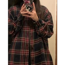 키치한 와인색 체크 레쉬셔츠 여성 가을 얇은 클래식 디자인감각 보이핏 볼륨 오버핏셔츠 트렌드, 와인색 기모