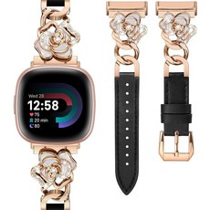 Minyee Fitbit Versa 4/3/Sense 2/1 시계 밴드와 호환되는 가죽 밴드 여성용 드레시 슬림 우아한 가죽 메탈 체인 스트랩 반짝이는 귀여운 카멜리아 참, 블랙/로즈 골드
