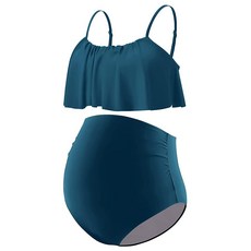 DEBELLY 임산부 비키니 세트 투피스 수영복 러플 여성용 수영복 하이 웨이스트 빈티지 임산부 수영복 블랙 화이트 꽃무늬 S, Small, 청록색