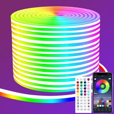 세그라스 32 8피트 LED 네온 조명 원격 APP 제어 IP65 방수 유연한 스트립 침실 야외 장식용 24V RGB 로프, 50FT
