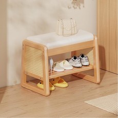 라탄 디자인의 고탄력 폼 쿠션이 있는 솔리드 우드 신발 벤치 현관 복도 거실 침실 소나무 50x35x40cm, Pine, 50*35*40cm