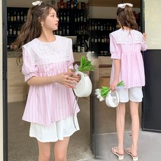 임산부 투피스 연핑크 스트라이프 패치 자수 스퀘어넥 퍼프 셔츠 여름 상의