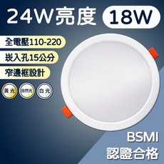 LED 崁燈 18W 窄邊框設計, 1個, 白光 【18W耗電24W亮度】