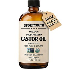 SPORTYOUTH 유기농 캐스터 오일 콜드 프레스 유리병 473.2ml(16온스) USDA 유기농 헥산 프리 100% 순수 GMO 프리 모발 성장을 위한 비건 |, SPORTYOUTH 유기농 캐스터 오일 콜드 프레스,