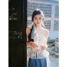 여성 여름용 스커트 청백자 무늬 캐미솔탑 질감 셋업