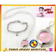 天美鐘錶 Betty Boop 聯名款項鍊錶 手鍊組 粉色錶盤