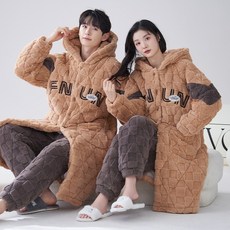 三層夾棉珊瑚絨情侶睡衣 加厚保暖居家服睡袍, Z447情侶,男3XL, 1個