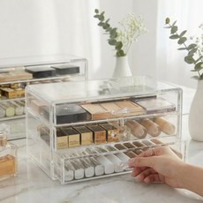 레인보우캣 3단 투명 아크릴 화장품 정리함 서랍형 적층 수납 보관함, 1개