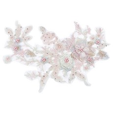 1개 3D 꽃 오간자 폴리에스터 자수 장식 액세서리 아플리케 패치 재봉 공예 장식 (인조 진주 비즈 포함) 연녹색 350x290x1.5~6mm, 혼합색