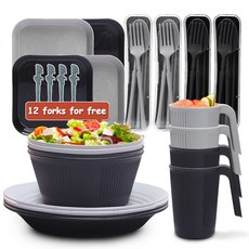 小麥秸稈餐具套裝 碗碟盤水杯組 豎紋設計 便攜式沙拉碗餐盤, 混色, 1個