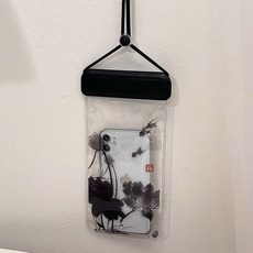 中國風手機防水袋可觸屏游泳海邊潛水拍攝漂流掛脖透明防水手機套, 1個, 水墨荷