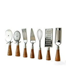 HIFIND 주방 가젯 식기 세트 대형 나무 곡물 손잡이가 있는 7PCS 스테인리스 스틸 피자 베이킹 도구 만들기 베이킹을 위한 다기능 조리 - 인체공학적 식기세척기 안전