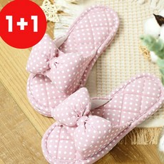 [Cool Share] 3중 쿠션 폭신 퀼트 면 거실화 층간소음방지 실내슬리퍼 실내화, 도트리본 핑크, 2개