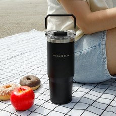 웜쿨러 대용량 핸들 빨대 텀블러(스티커+세척솔세트), 1세트, 900ml, 블랙 1세트, 900ml, 블랙