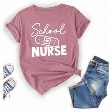 여성용 학교 간호사 하트 티셔츠 (미국 알파 라지 레귤러 레귤러 핑크), 핑크