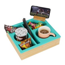 히트선 소파 컵 홀더 트레이 침대 카시트 정리함을 위한 회전 가능한 휴대폰 홀더가 있는 핸디 실리콘 대나무 캐디 간식 음료 리모컨을 방수 미끄럼 방지, Green, 11.5*10*3 IN