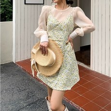 扉娜VINASHOP 歐根紗長袖背心裙套裝, 黃