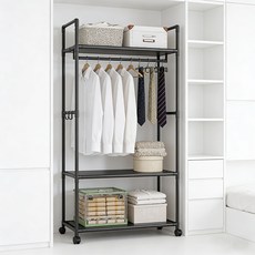 호밍사이 튼튼한 2단 이동식 철제 스탠드 옷걸이 행거 수납행거, 블랙