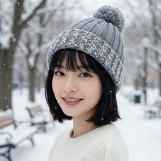 겨울 털모자 니트 보온 귀달이모자, 점박 모자 베이지