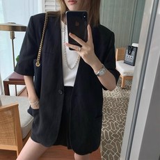 COSYEVNO 면마 반팔 정장 자켓 루즈핏 캐주얼 여름 여성 얇은 코트