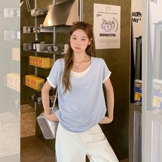 Yellwel 여름 컬러 대비 투피스 디자인 반팔 티셔츠 여성복 DJP