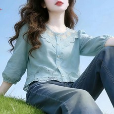 PEROLA 여성 봄 여름 7부 소매 블라우스 레이스 패치 진주 단추 펀칭 플라워 자수 셔츠 블라우스