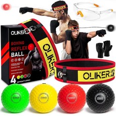 OLIKER 성인용 복싱 리플렉스 볼 조절 가능한 머리띠 2개와 블랙 장갑 1쌍이 있는 4단계 반응 민첩성 펀칭 속도 및 손과 눈의 협응 훈련에 적합, OLIKER 성인용 복싱 리플렉스 볼, 머리띠 2개가