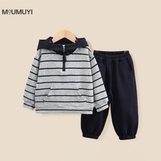 MOUMUYI 兒童灰色條紋連帽衛衣休閒束腳褲兩件式套裝