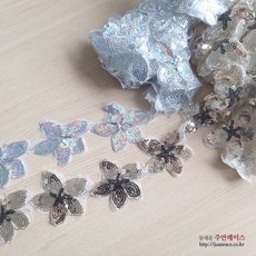 홀로그램 꽃잎레이스 스팽클 꽃잎모티브 의류부자재 DIY악세사리 옷리폼, 2개, 실버