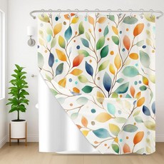 Nesphy 샤워 커튼 및 라이너 세트 수채화 플라워 세이지 그린 꽃 식물 라이너 양면 스테인리스 스틸 후크 욕실용 3-in-1 방수 원단 182.9 x 182.9cm(, 다채로운 유칼립투스