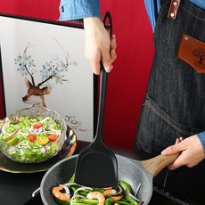 喜之助 矽膠鍋鏟 加長手柄 炒菜鏟子, 黑色【食品級硅膠】,普通鍋鏟【長33CM寬10CM】, 1個