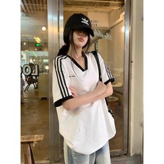 투니스 여성 브이넥 사이드 스트라이프 루즈핏 반소매 티셔츠