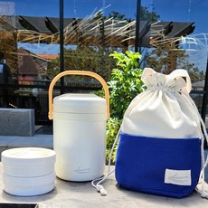 스밈콤마 보온 도시락통+보온 가방 세트, 1세트, 화이트1.8L+작은통2개+블루가방