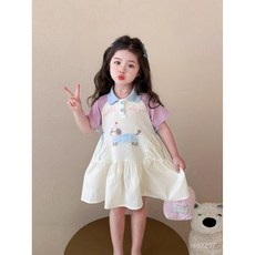 女童卡通連衣裙夏季新款 臘腸狗polo領拼色公主裙 女寶寶洋氣裙子