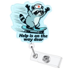 It Only Goes to Ten 재미있는 간호사 배지 릴 접이식 ID 카드 의료 홀더 악어 클립 포함 RN CNA ER ED 정신과 소아 통증 관리 종양학 1차 진료 NP, Help is on the Way Raccoon