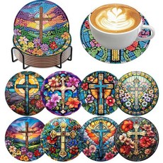 Mrpwnle 8팩 거북이 다이아몬드 아트 컵받침 키트 바다 거북 다이아몬드 페인팅 컵받침 키트 세트 홀더 코르크 패드 포함 DIY 다이아몬드 아트 미끄럼 방지 컵받침 공, Christ Coasters