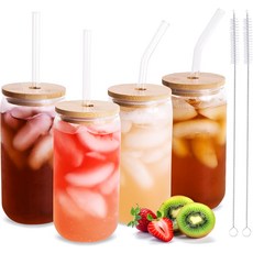 혼합 음료 칵테일 맥주 스 커피티 신선한 주스 스무디 파티선물브랜드을 위한 18온스 용량의 대나무 뚜껑과 유리 빨대 4개 세트의 KIWI & MOA 음용잔18온스 용량, Clear, 946ml