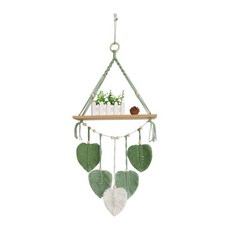 Macrame 벽걸이 태피스트리 책 사진 화분 랙 보헤미안 식물 걸이 선반 기숙사 침실을위한 나무 부동 선반, 면실과 목재, 녹색