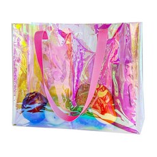 TotePrint 홀로그램 투명 토트백 블랙 핸들 레인보우 스타디움 승인 PVC 비치 핸드백 여성용 쇼핑용 홀로그램 레드 스타