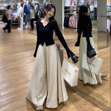 女生套裝 兩件式運動套裝 休閒套裝 大尺碼 韓版喇叭長袖上衣高腰闊腿裙褲兩件套