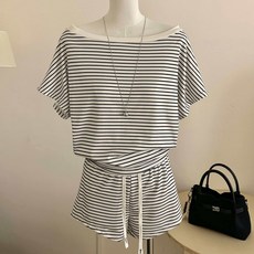 COSYEVNO 여성용 여름 스트라이프 반팔 티셔츠 + 와이드 팬츠 세트 BCXtz-5