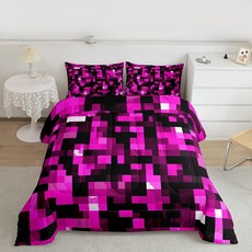 Manfei 그린 블랙 그리드 이불 세트 트윈 사이즈 마이너 스타일 만화 게임 침구 세트 2개 사계절용 모던 기하학적 체크 다운 이불 어린이 남아 여아 방 장식 베개 커