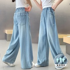 女童牛仔褲夏裝 寬鬆直筒闊腿褲 大童休閒長褲