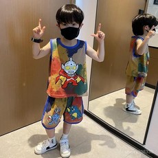 男童夏季無袖奧特曼套裝2023新款 卡通背心兩件套夏裝涼快衣服