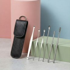 잘샀지 휴대용 스텐 블랙 파우치 귀이개 세트, 1개, 6개입