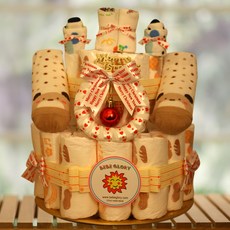 기저귀 케익 2단 화이트 - 하기스 기저귀 28개+캐릭터 양말+무형광 손수건 포함 완성품, 1개