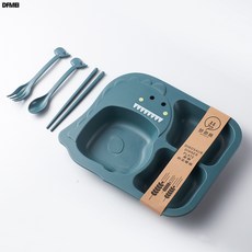 DFMEI 寶寶恐龍餐具套裝兒童餐盤分格家用創意卡通防摔嬰幼兒吃飯輔食碗, 1個, 綠色四件套, 參考詳情